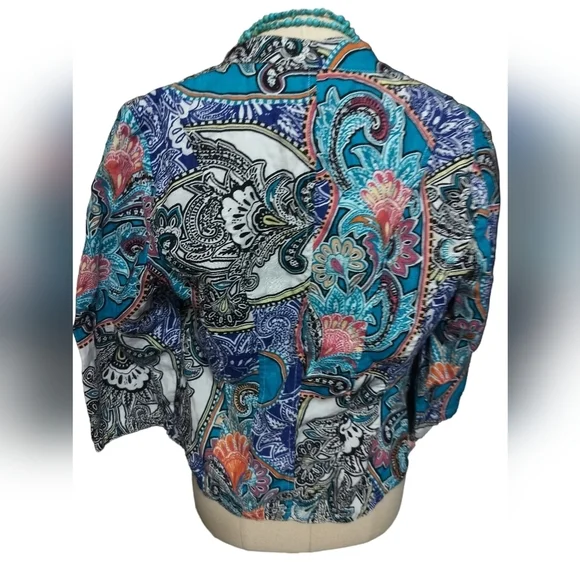 2594) Chico's Paisley Linen 3/4 Sleeve Open Front Blazer Size 0P/Small - Picture 4 of 9